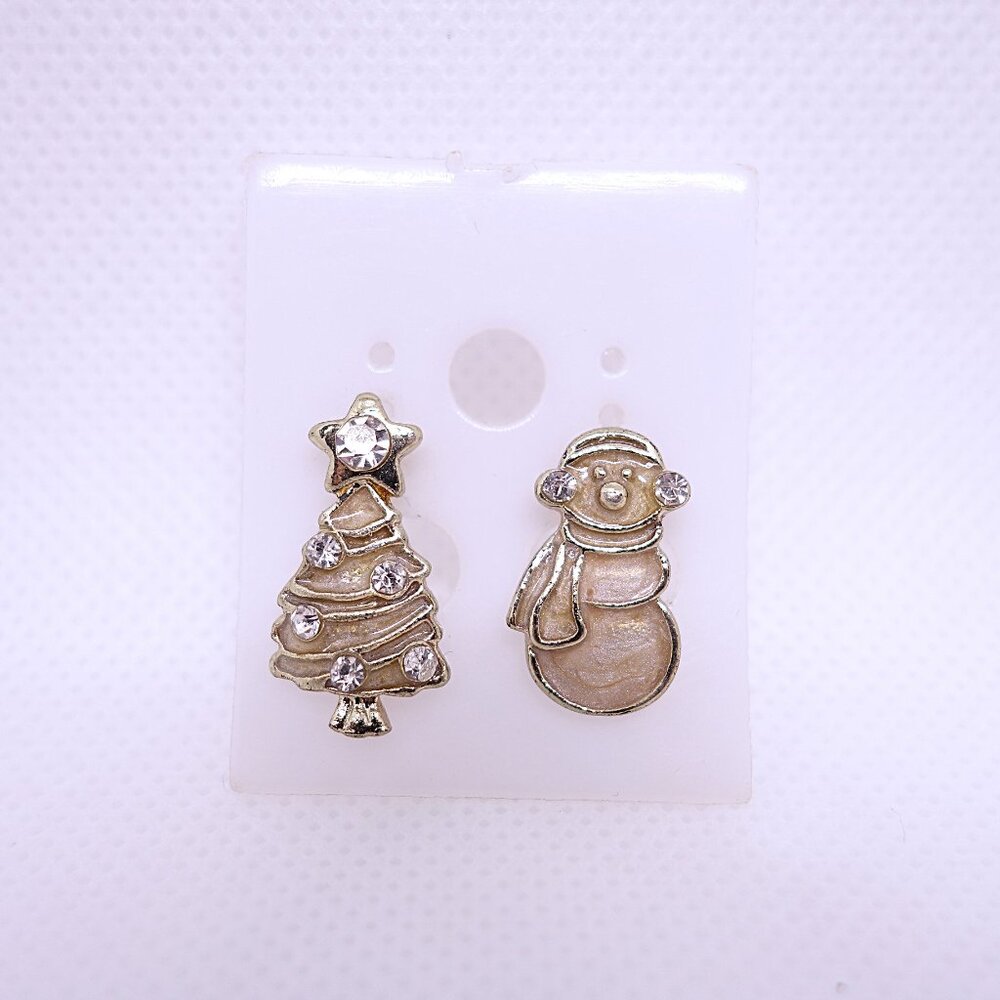 💎3/25💎NOS Vintage Retro Christmas Tree & Snowman Enamel Pierced Stud Earrings